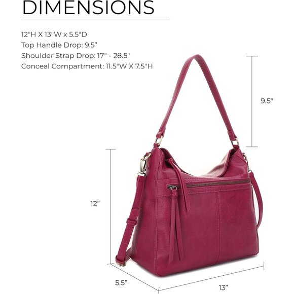 Dakota Vegan Faux Leather Berry Hobo Purse with Concealed Carry and Adjustable S - Picture 6 of 7
